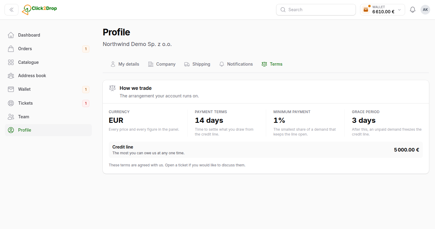 The terms tab of the profile: the currency, how many days there are to pay, the smallest part of an invoice that must be paid, the extra days after the due date, and the credit limit.