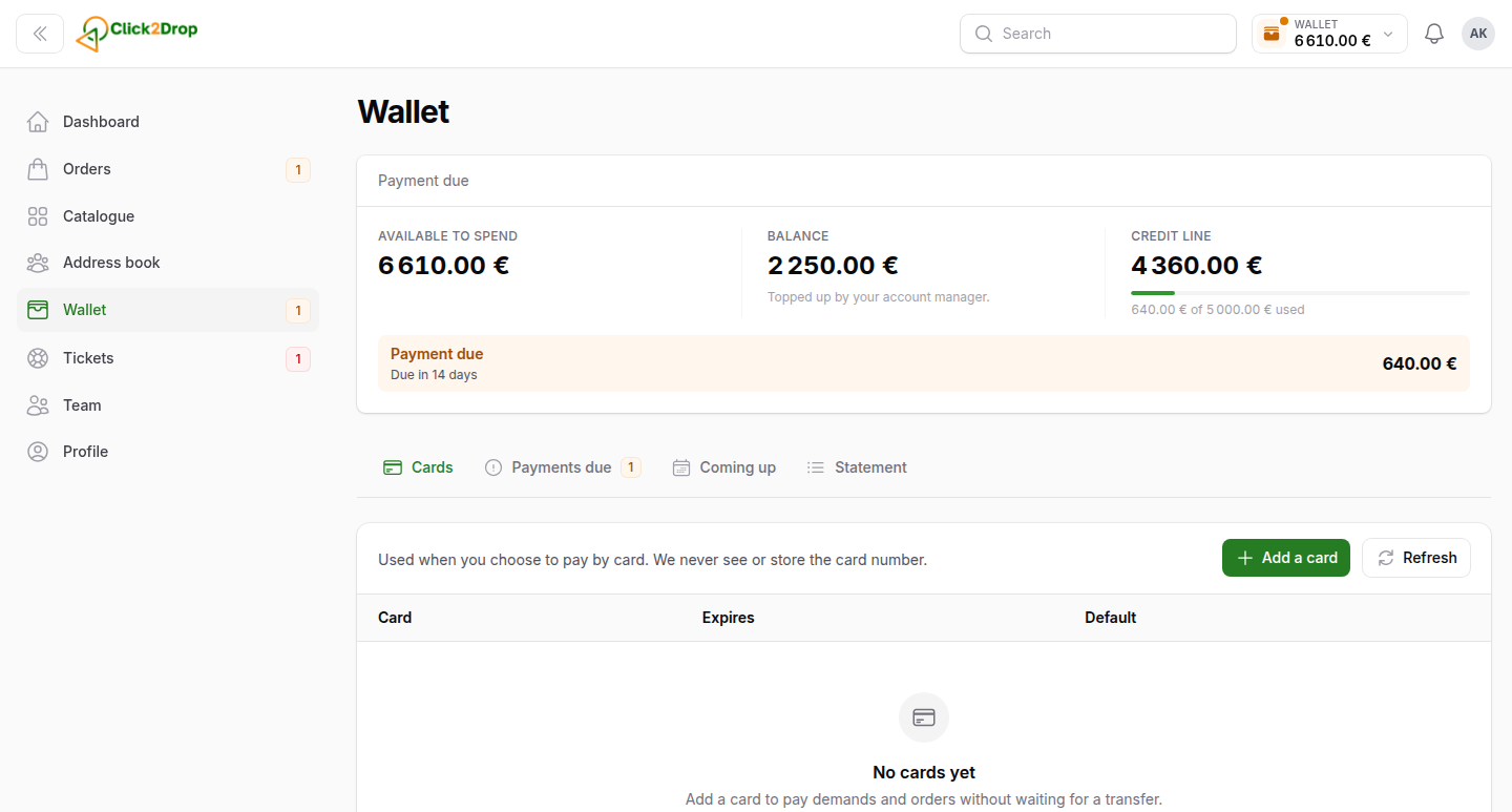 The Wallet page of the client panel, showing the available balance, the credit limit and the amount currently due.